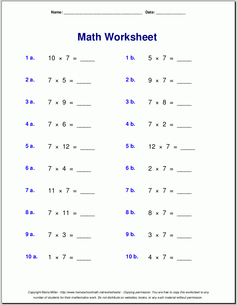 Free Math Worksheets pertaining to Multiplication Questions For Grade 7