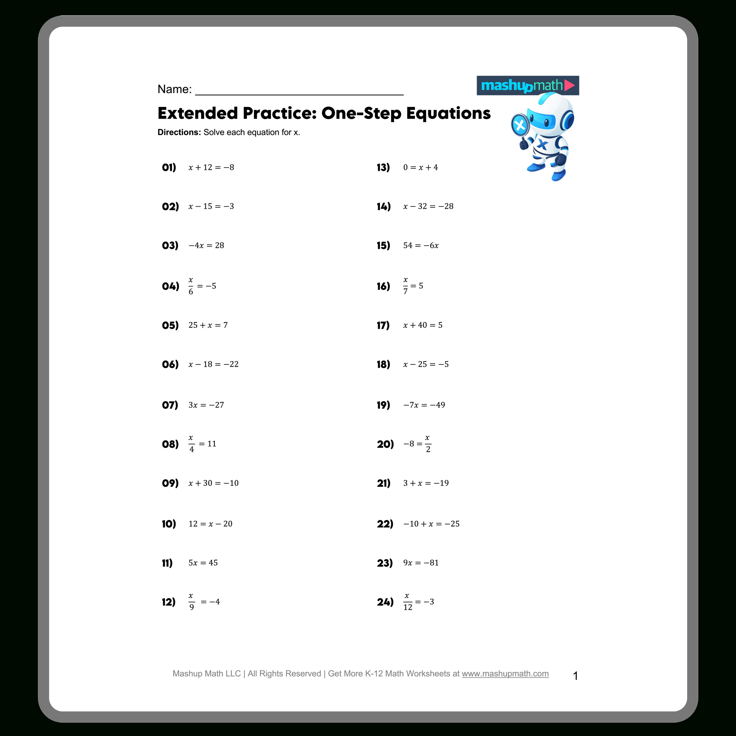 Free One Step Equations Worksheets — Mashup Math in One-Step Equations Multiplication And Division Worksheet