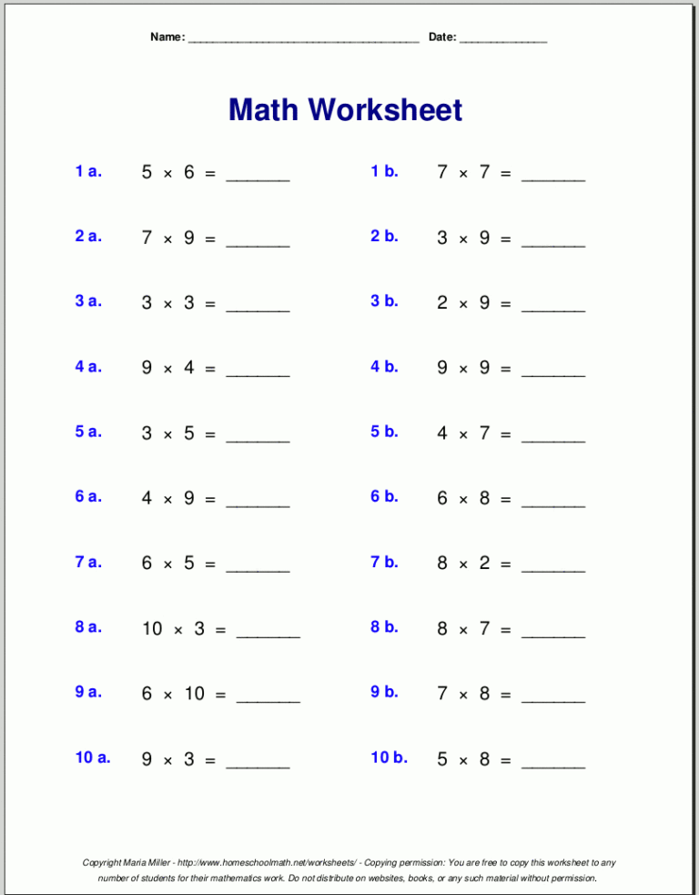 Free Printable Multiplication Facts Worksheets | Multiplication Worksheets