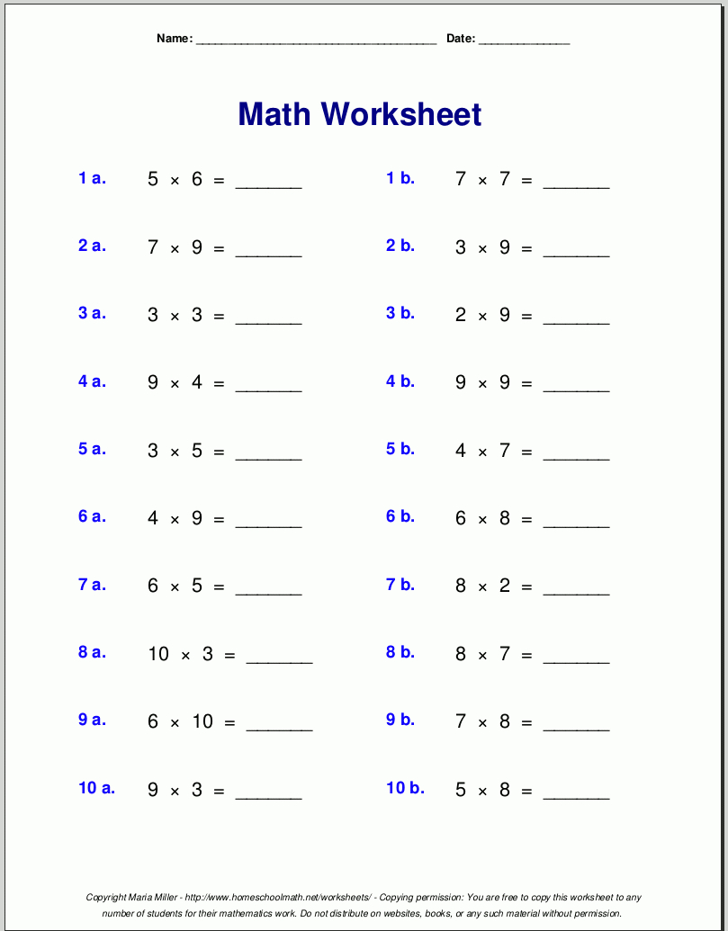 Grade 4 Multiplication Worksheets with Multiplication Facts Practice Worksheet