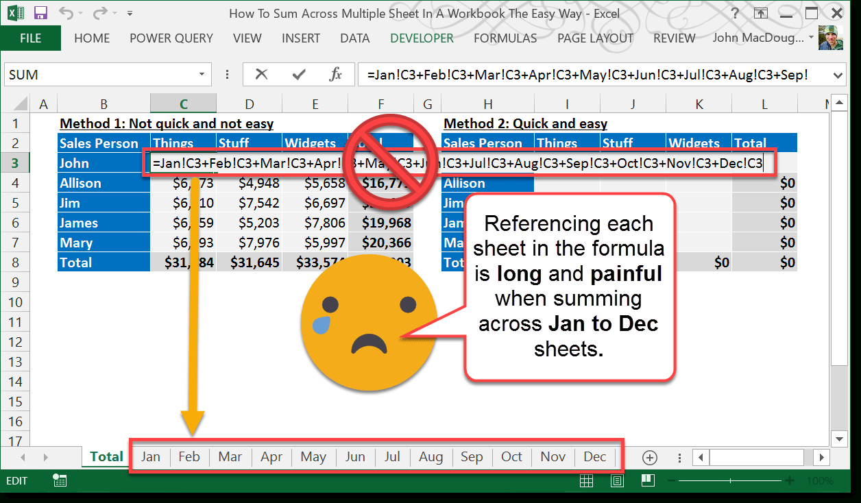 How To Sum Across Multiple Sheets In A Workbook | How To Excel for How To Select Multiple Worksheets