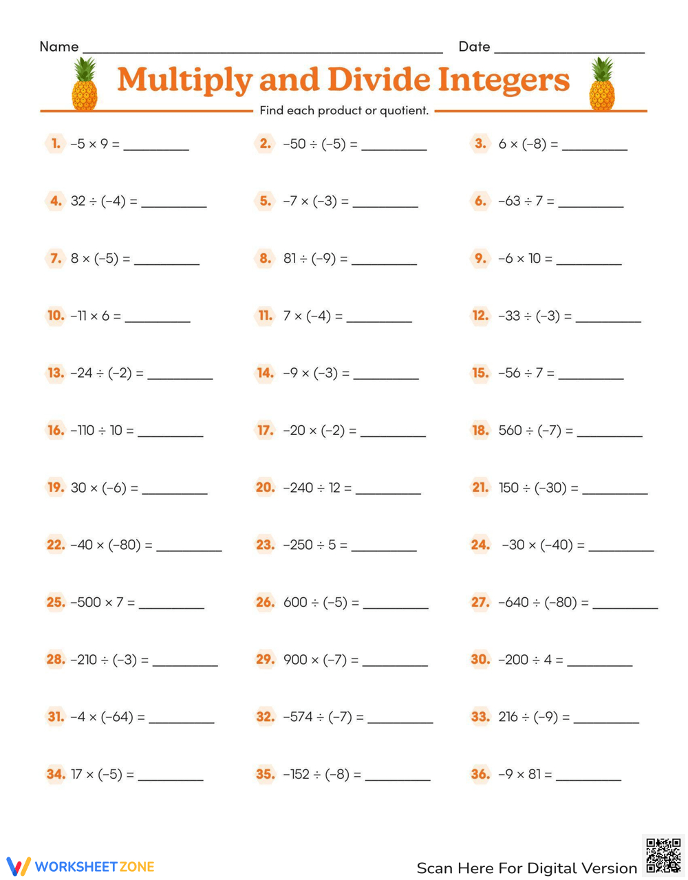 Integers: Multiply &amp;amp; Divide Practice Worksheet in Integer Multiplication And Division Worksheet