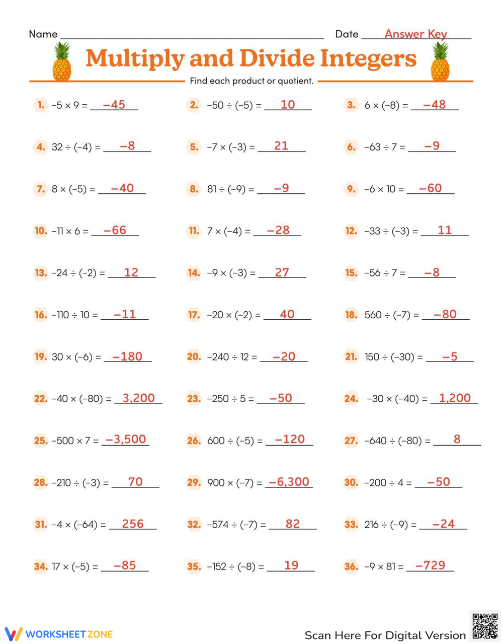 Integers: Multiply &amp;amp; Divide Practice Worksheet within Worksheet On Multiplication and Division of Integers
