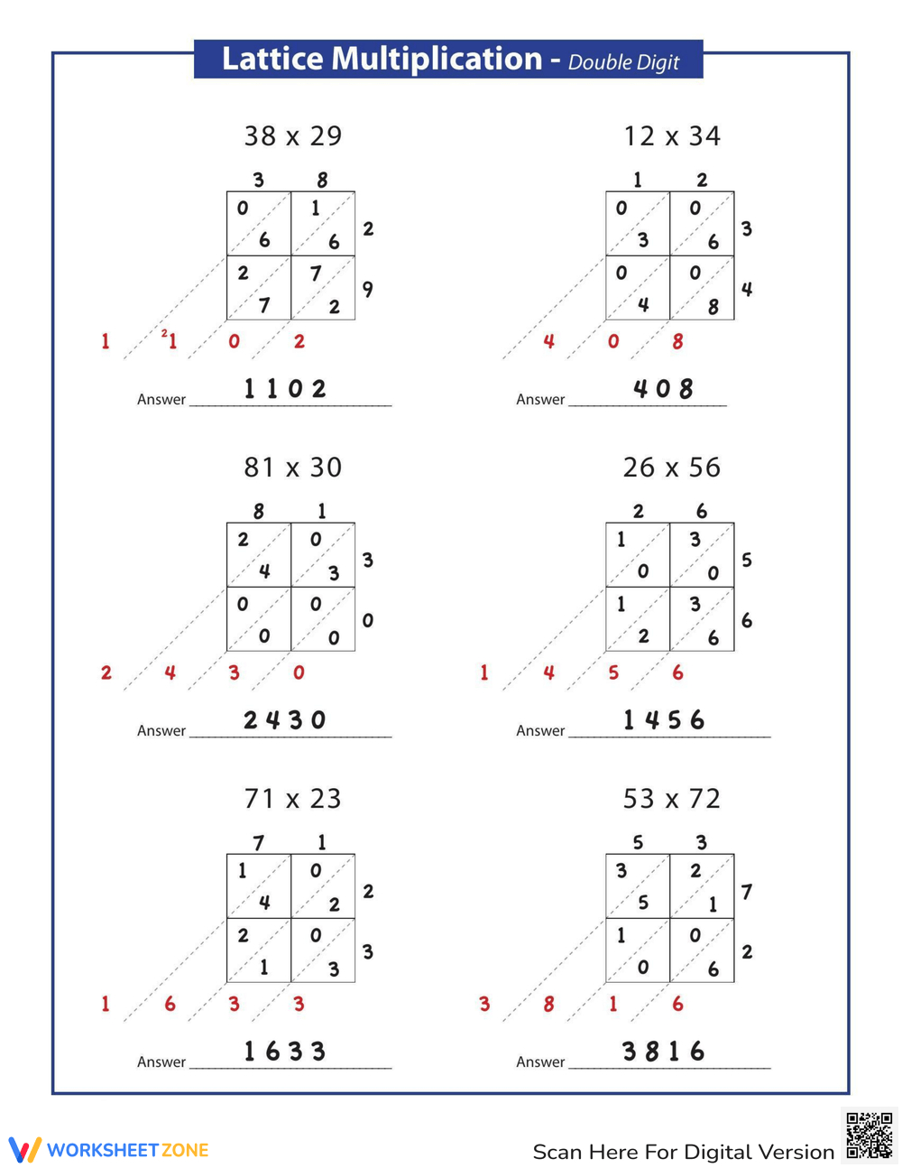 Lattice Multiplication: Method Worksheet in Lattice Method Multiplication Worksheet