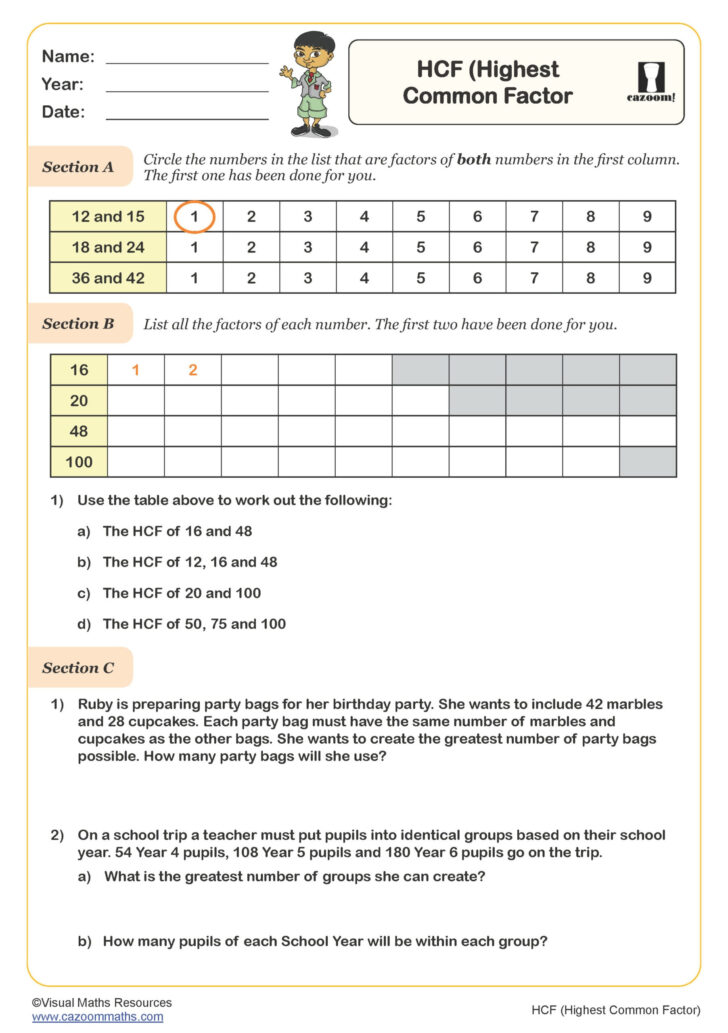 Lowest Common Multiple and Highest Common Factor Worksheets