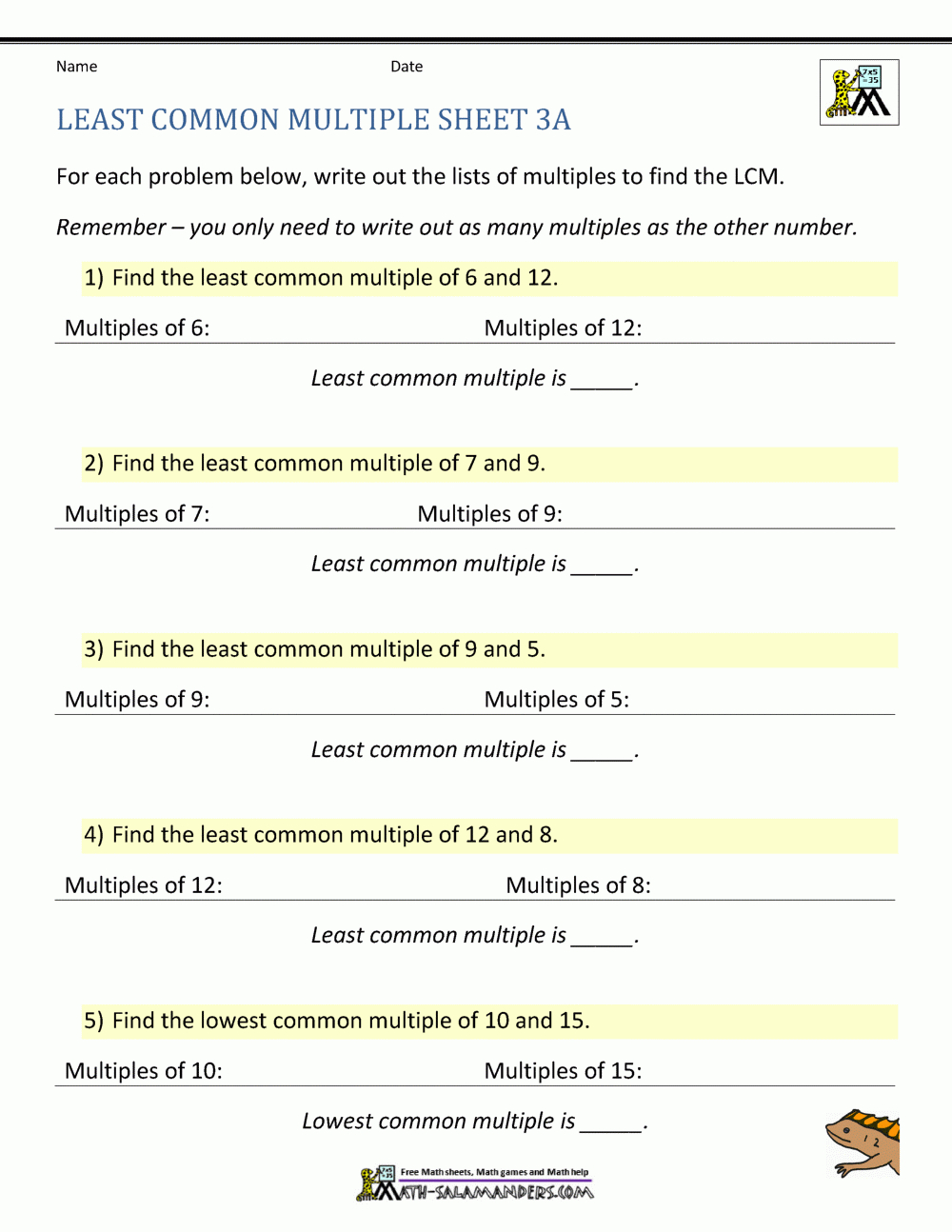 Least Common Multiple Worksheets Page for Least Common Multiple Worksheet With Answers