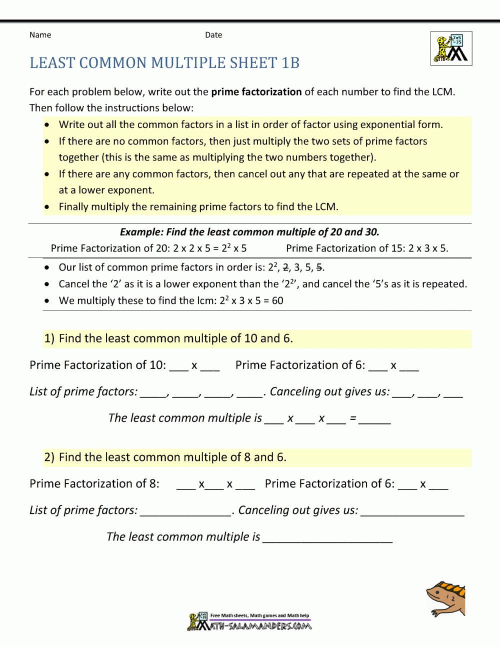 Least Common Multiple Worksheets Page regarding Finding Least Common Multiple Worksheet