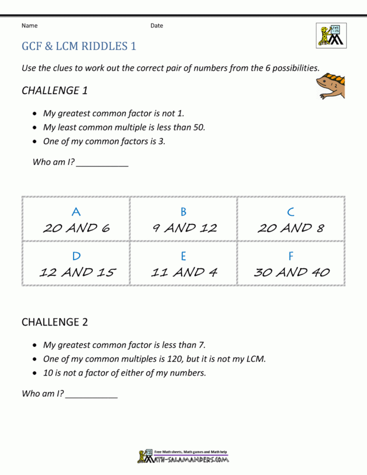 Greatest Common Factor Least Common Multiple Worksheet