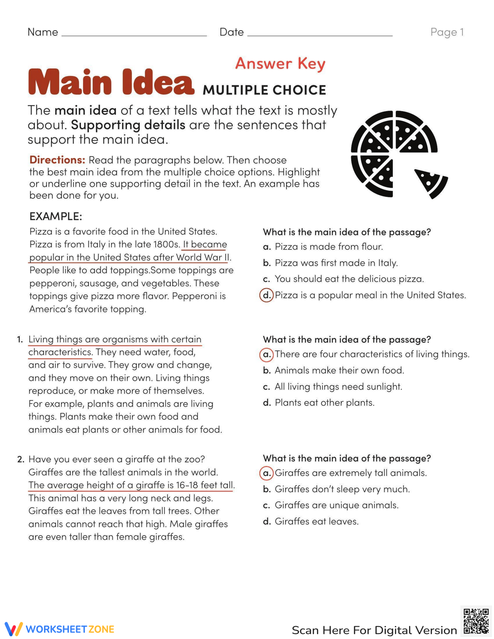 Main Idea: Multiple Choice Reading Worksheet pertaining to Main Idea Multiple Choice Worksheets