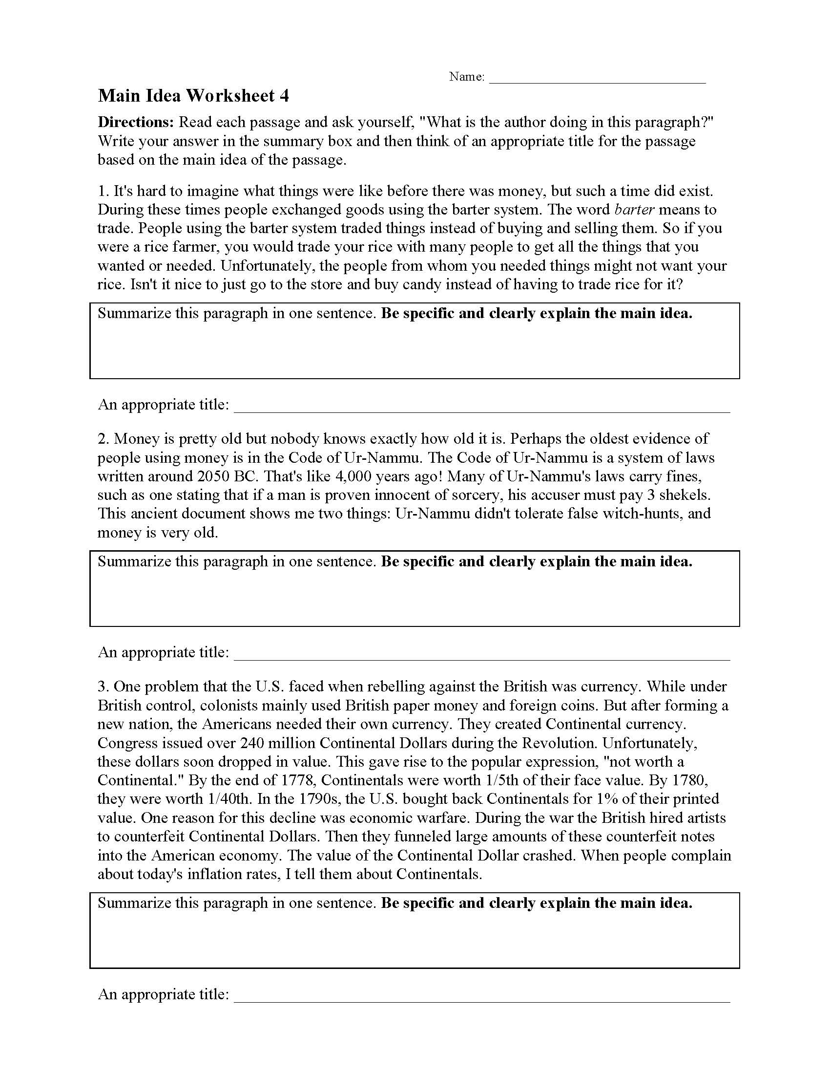Main Idea Worksheet 4 | Reading Activity throughout Main Idea Worksheets With Multiple Choice