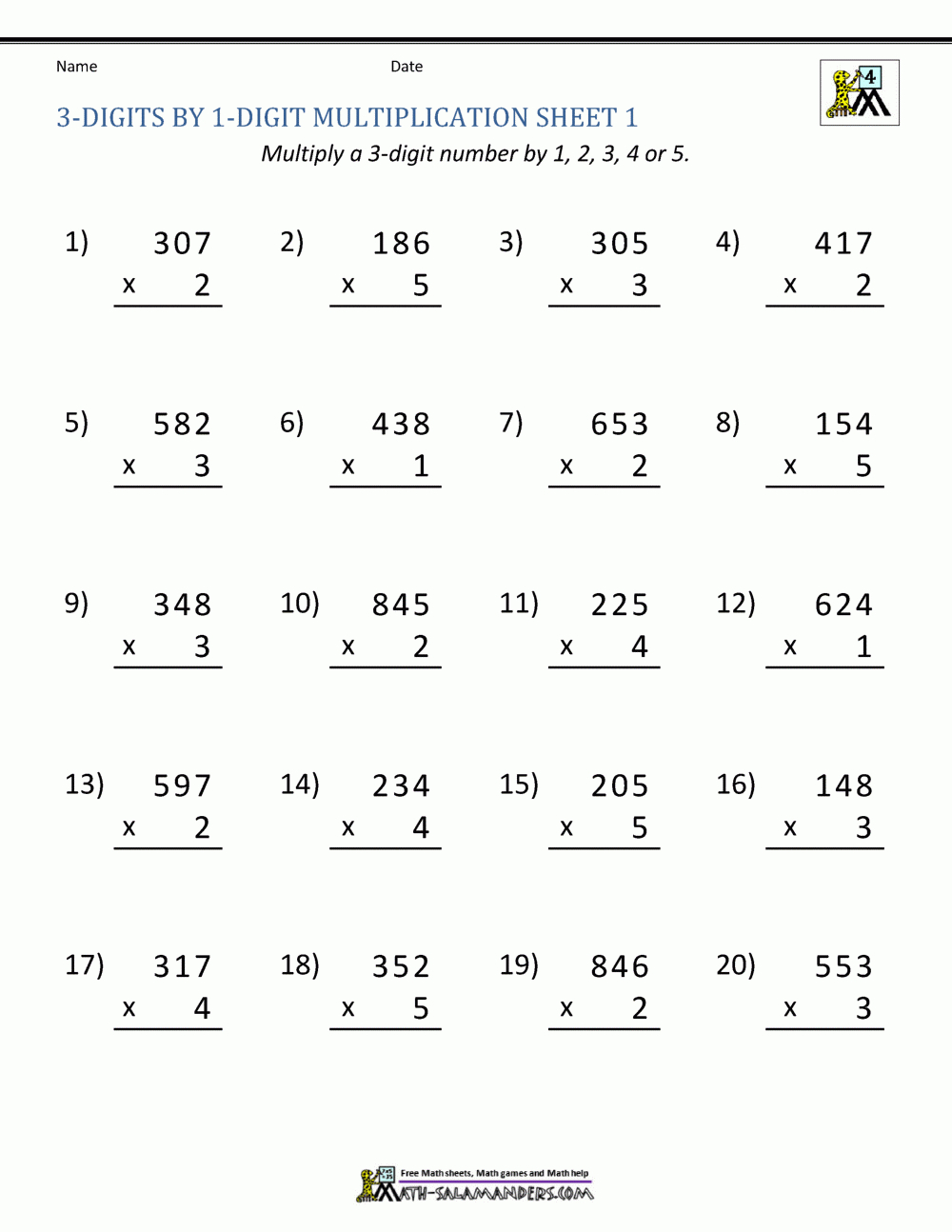 Math Multiplication Worksheets 4Th Grade for Multiplication Three Digit By One Digit Worksheet