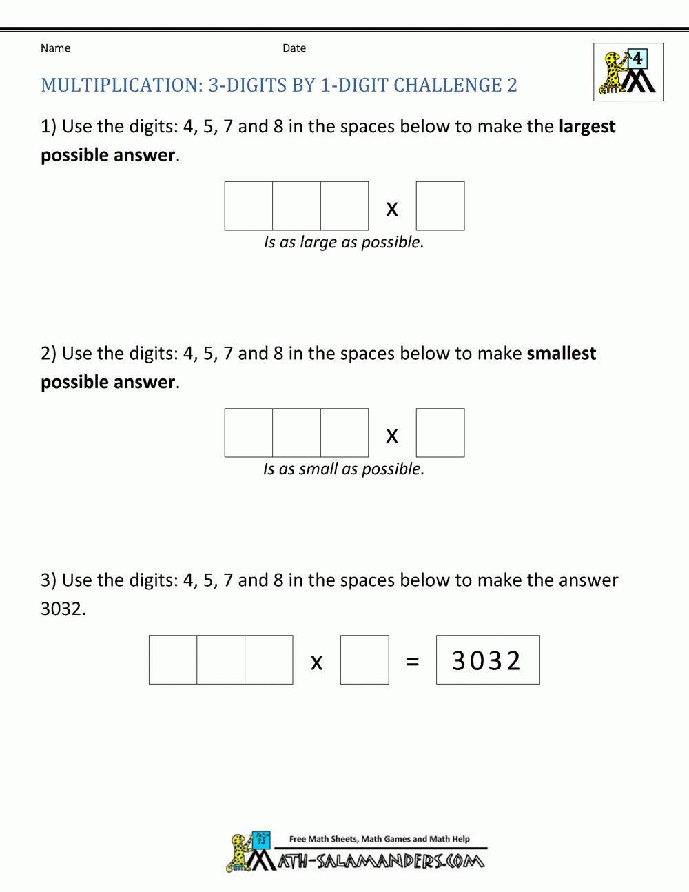 Math Multiplication Worksheets 4Th Grade in 1 Digit By 3 Digit Multiplication Worksheets