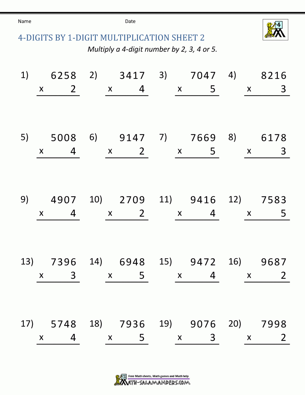Math Multiplication Worksheets 4Th Grade in 4 Digit By 1 Digit Multiplication Worksheet