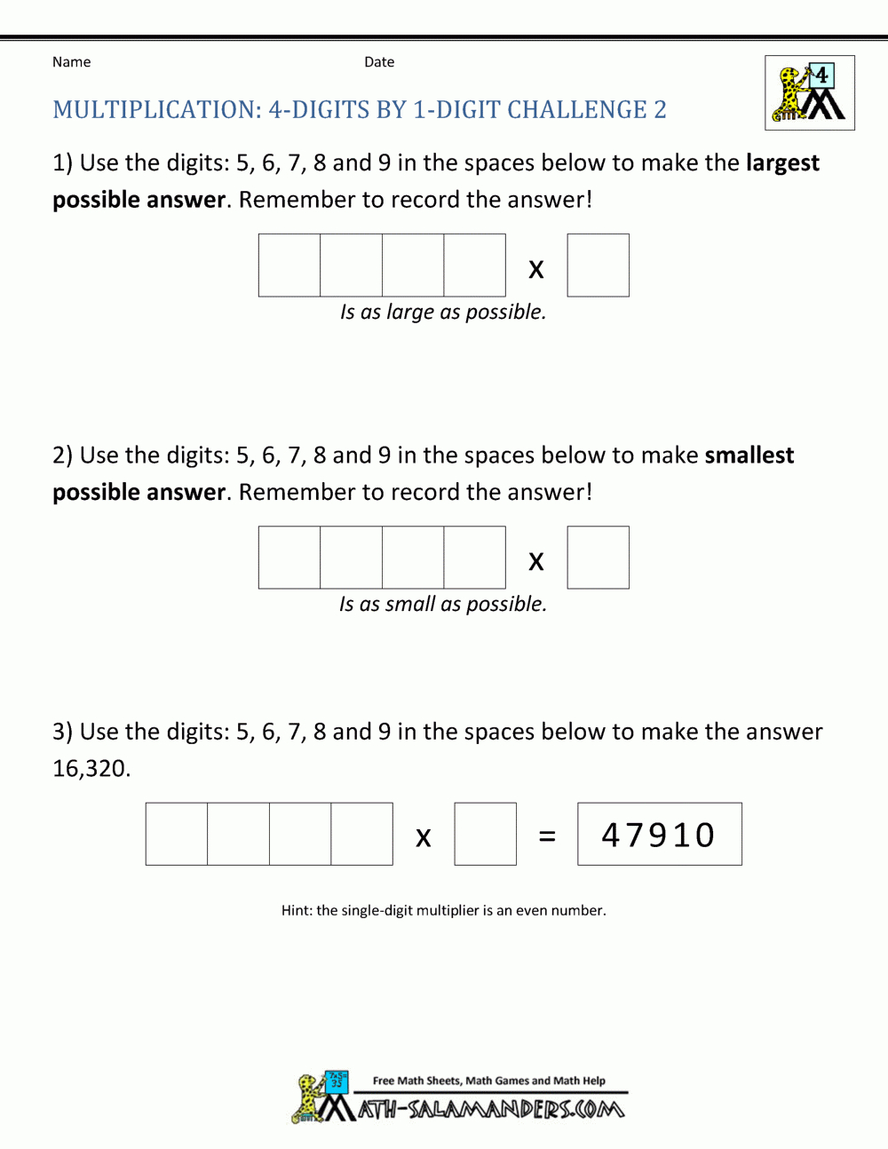 Math Multiplication Worksheets 4Th Grade intended for Worksheet On 4 Digit Multiplication by 4 Digit Number