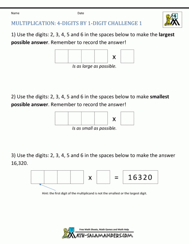4 Digit by 1 Digit Multiplication Worksheet