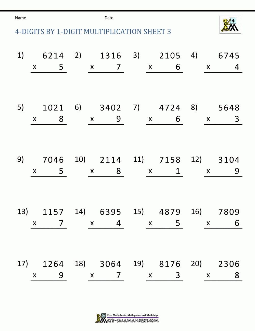Math Multiplication Worksheets 4Th Grade within 4 Digit X 1 Digit Multiplication Worksheet