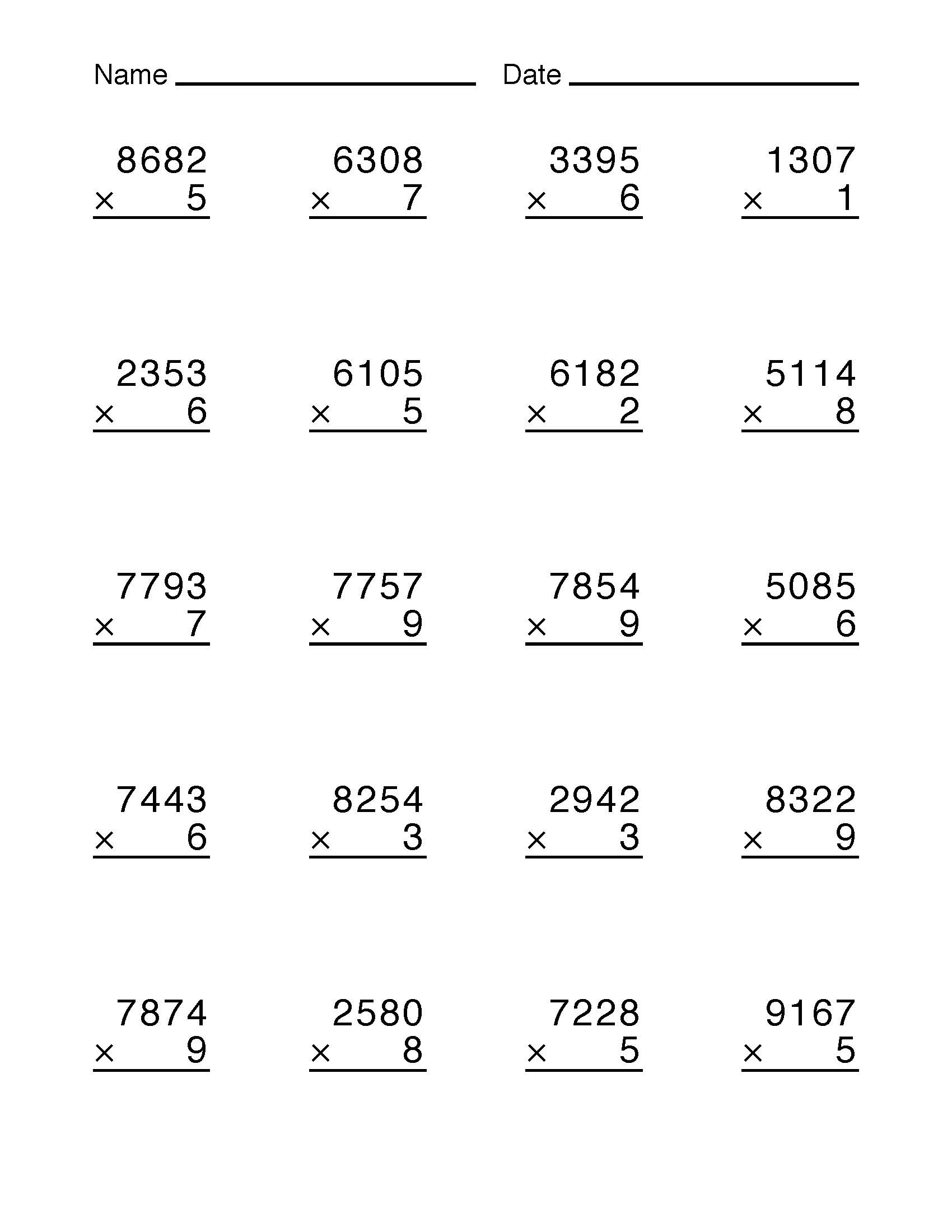 Math Worksheet Collection: Multiplying Four-Digit Numbers | Media4Math with Worksheet On 4 Digit Multiplication by 4 Digit Number