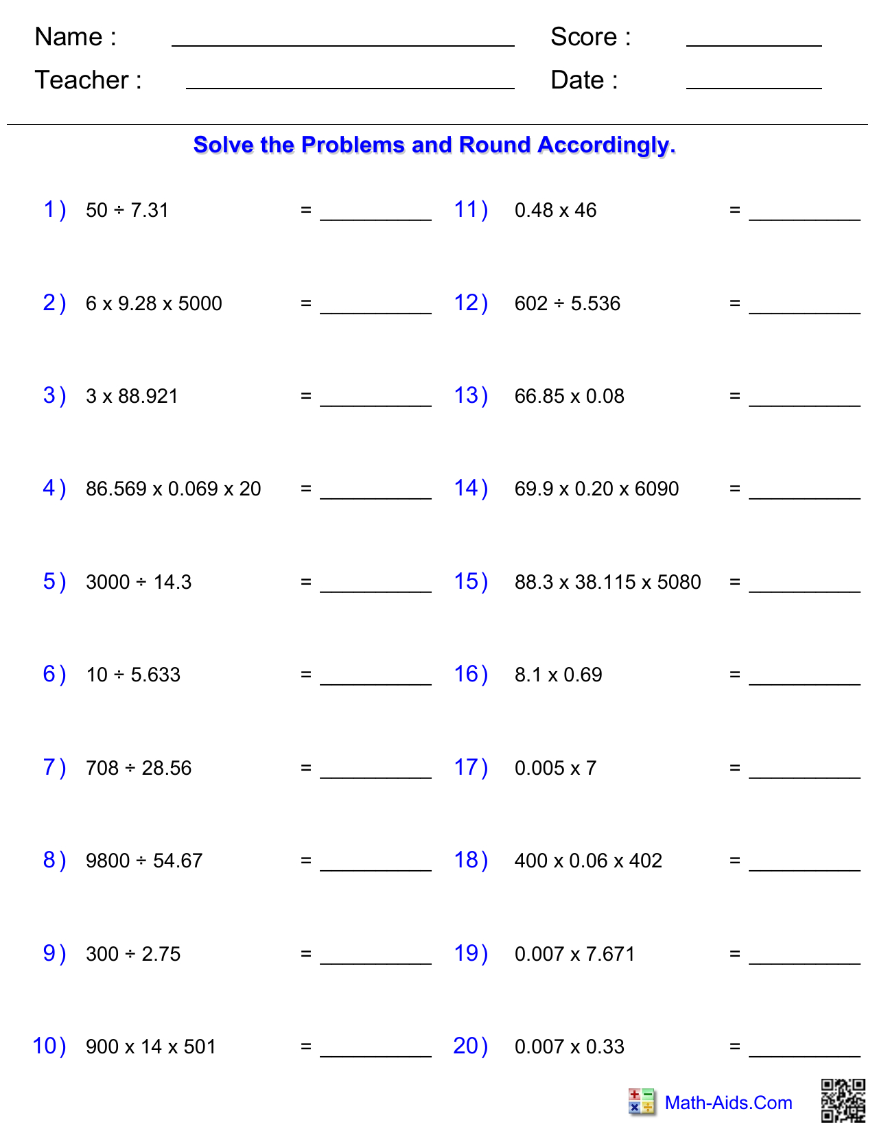 Math Worksheet: Division, Multiplication, Decimals pertaining to Math Aids Com Multiplication Worksheets