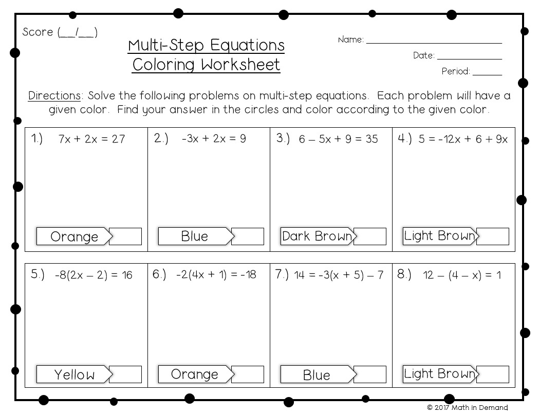 Multi-Step Equations Coloring Worksheet regarding Multiple Step Equations Worksheet