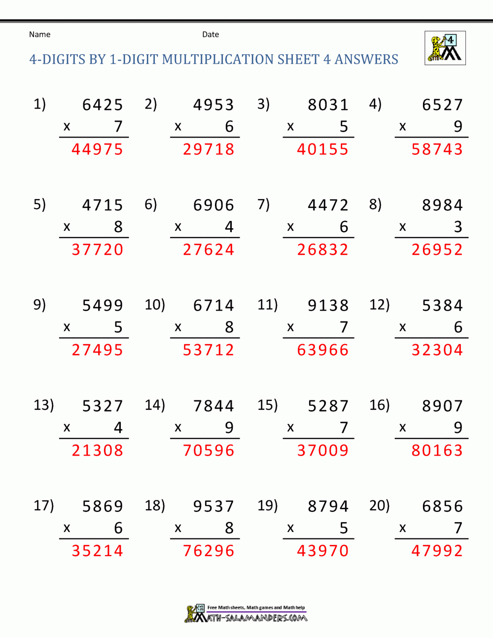 Multiplication 4-Digits1-Digit Sheet 4 Answers inside Worksheet On 4 Digit Multiplication by 4 Digit Number