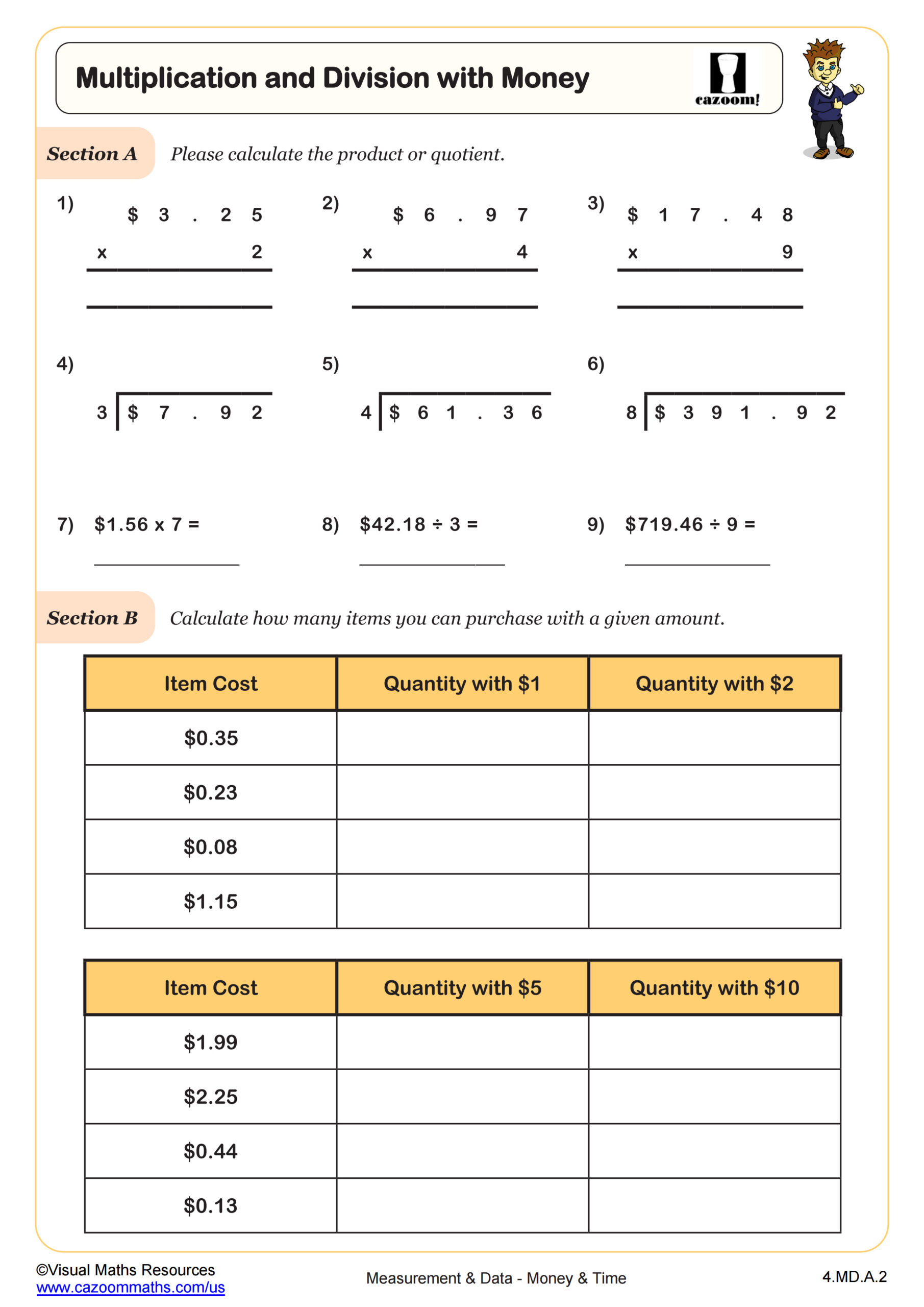 Multiplication &amp;amp; Division With Money Worksheet | Pdf Printable inside Division And Multiplication Worksheet