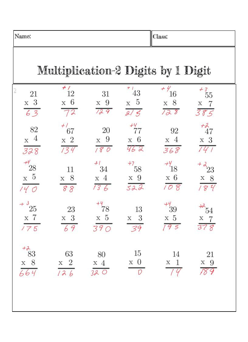 Multiplication Practice Worksheet-2 Digits1 Digit - Classful with 1 And 2 Digit Multiplication Worksheets