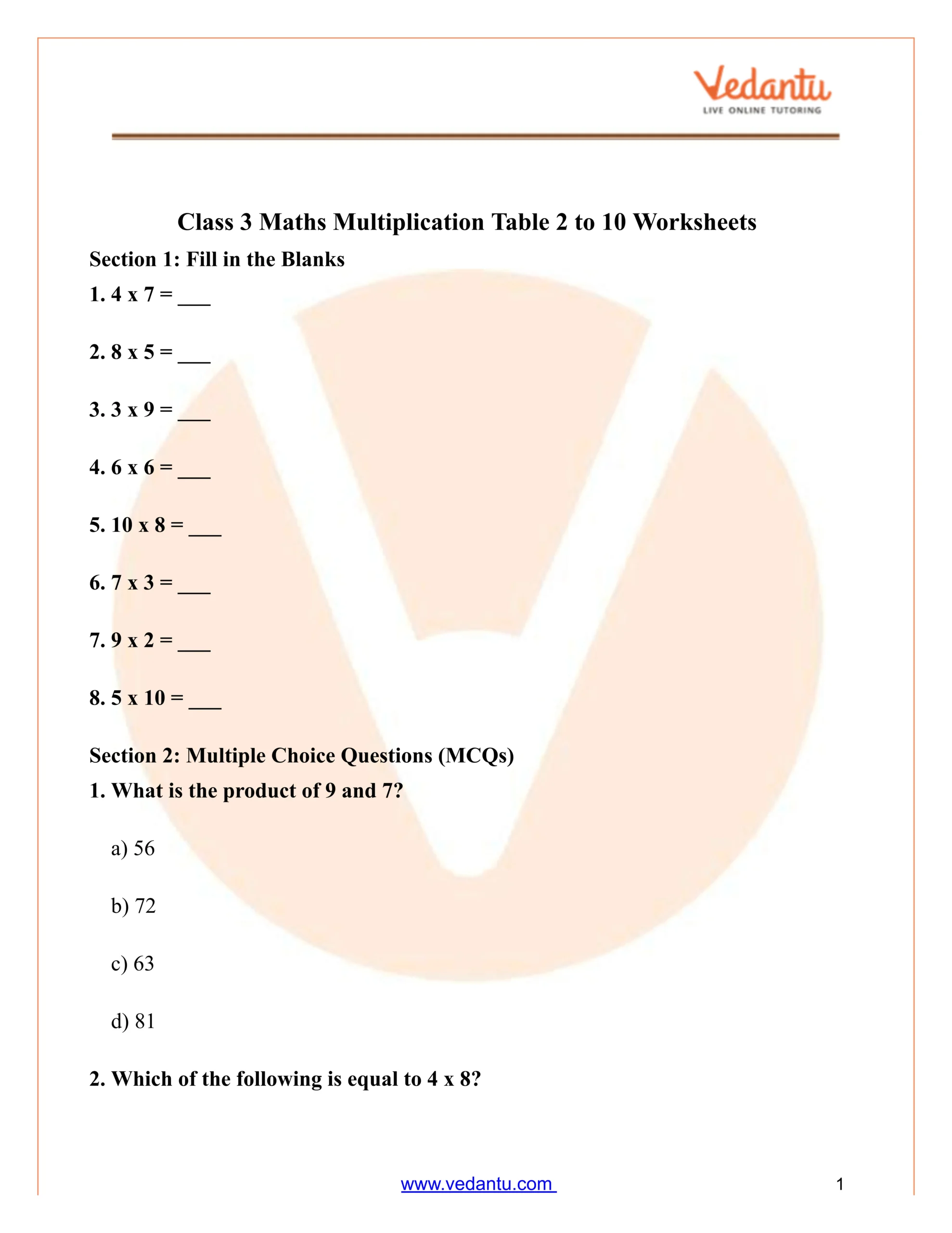 Multiplication Table 2 To 10 Worksheet For Class 3 – Free Pdf in Multiplication Tables Live Worksheet Grade 3