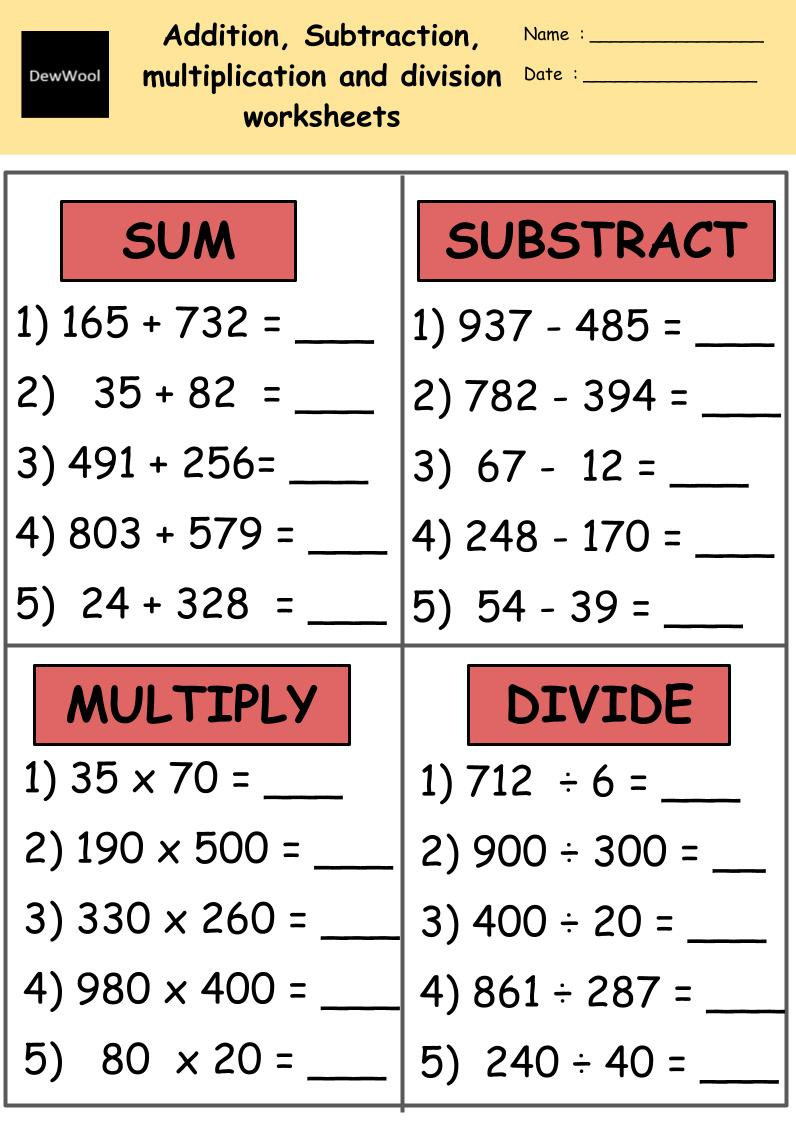 Multiplication Table Addition Subtraction Multiplication Division pertaining to Subtraction Multiplication Addition and Division Worksheets