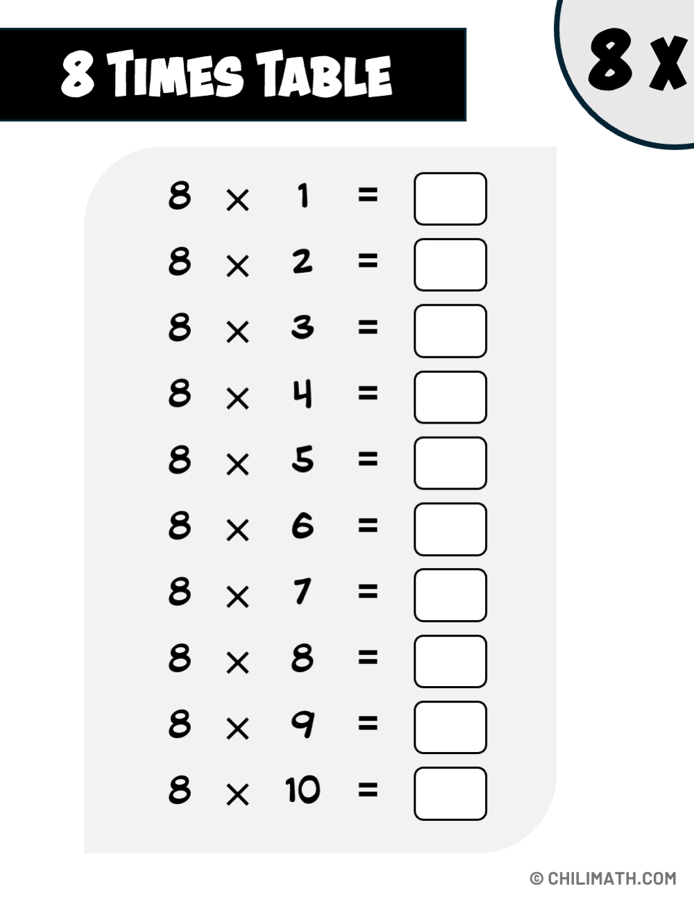 Multiplication Table Of 8 | Chilimath intended for Multiplication by 8 Worksheet