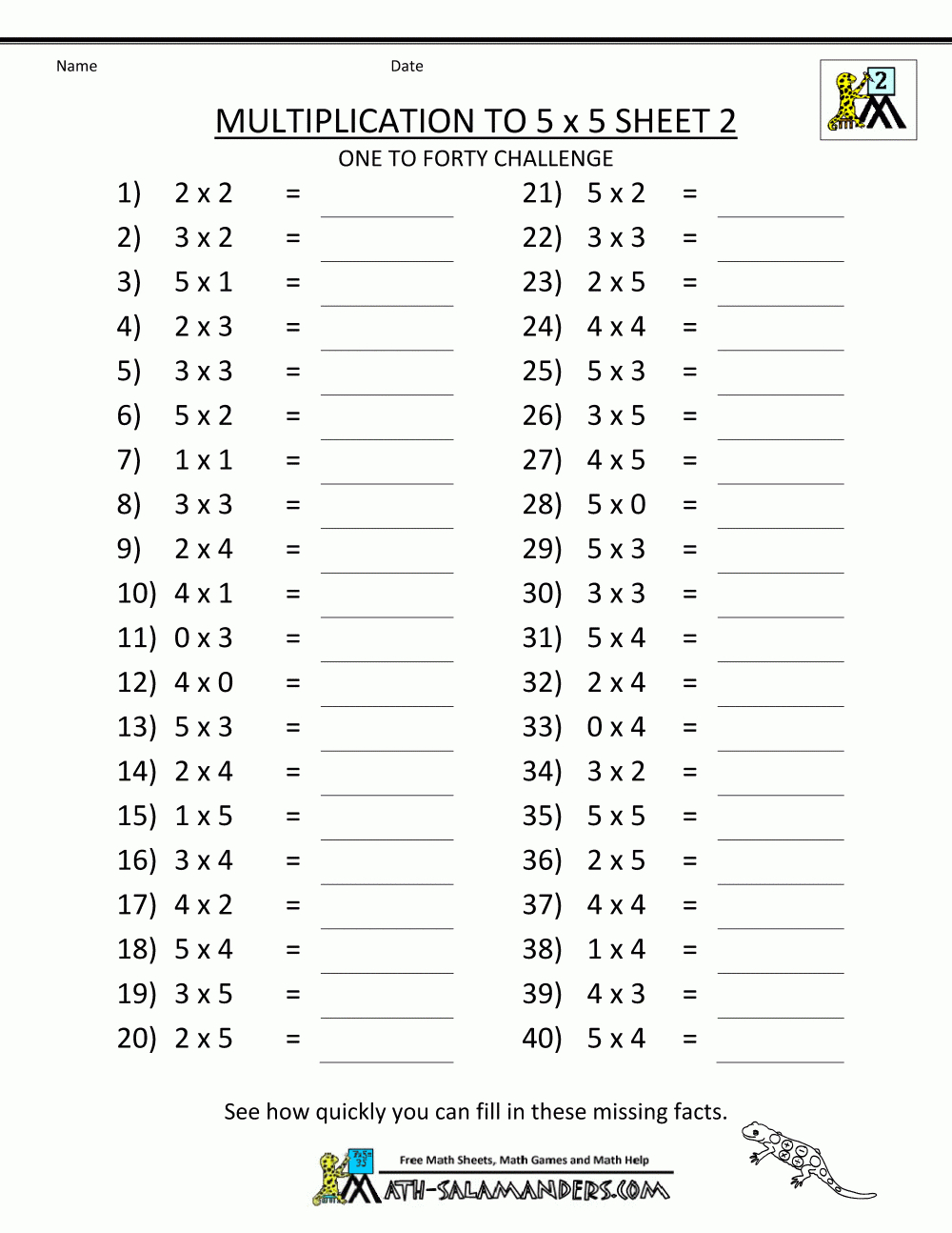 Multiplication To 5X5 Worksheets For 2Nd Grade with regard to Printable Multiplication Practice Worksheets