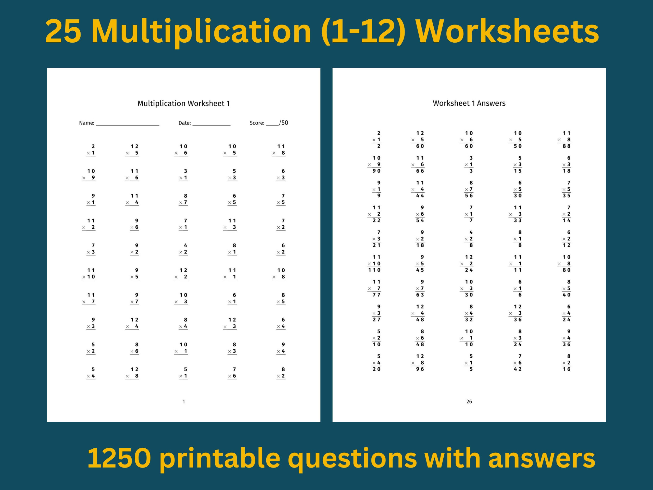 Multiplication Worksheets: 25 Printable Practice Sheets With for Math Drills Multiplication Facts 144