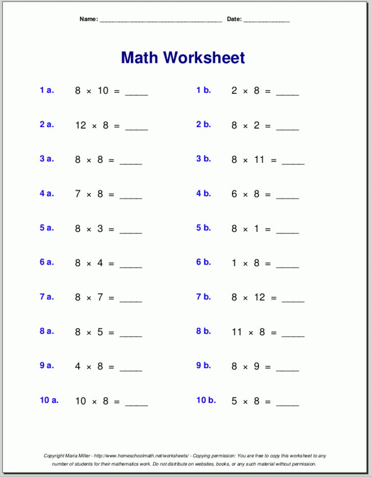 Multiplication 8’s Worksheet