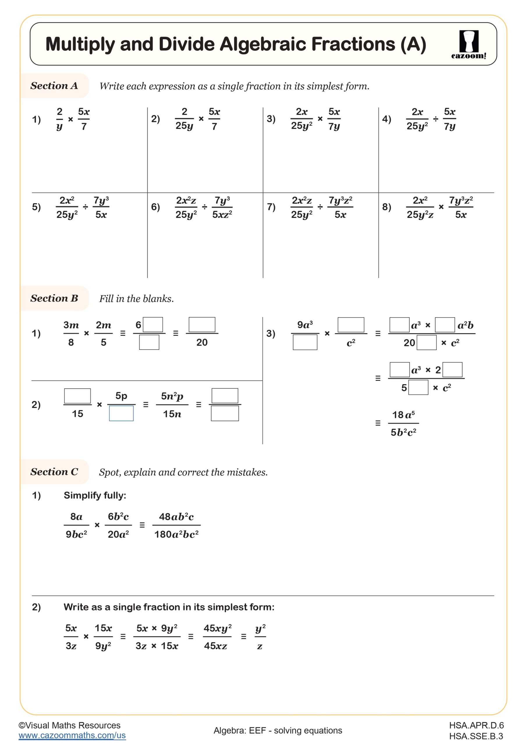 Multiply And Divide Algebraic Fractions (A) Worksheet | Fun And regarding Multiplication and Division of Polynomials Worksheet