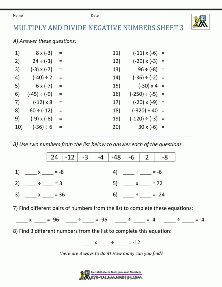 Multiplication and Division with Integers Worksheets