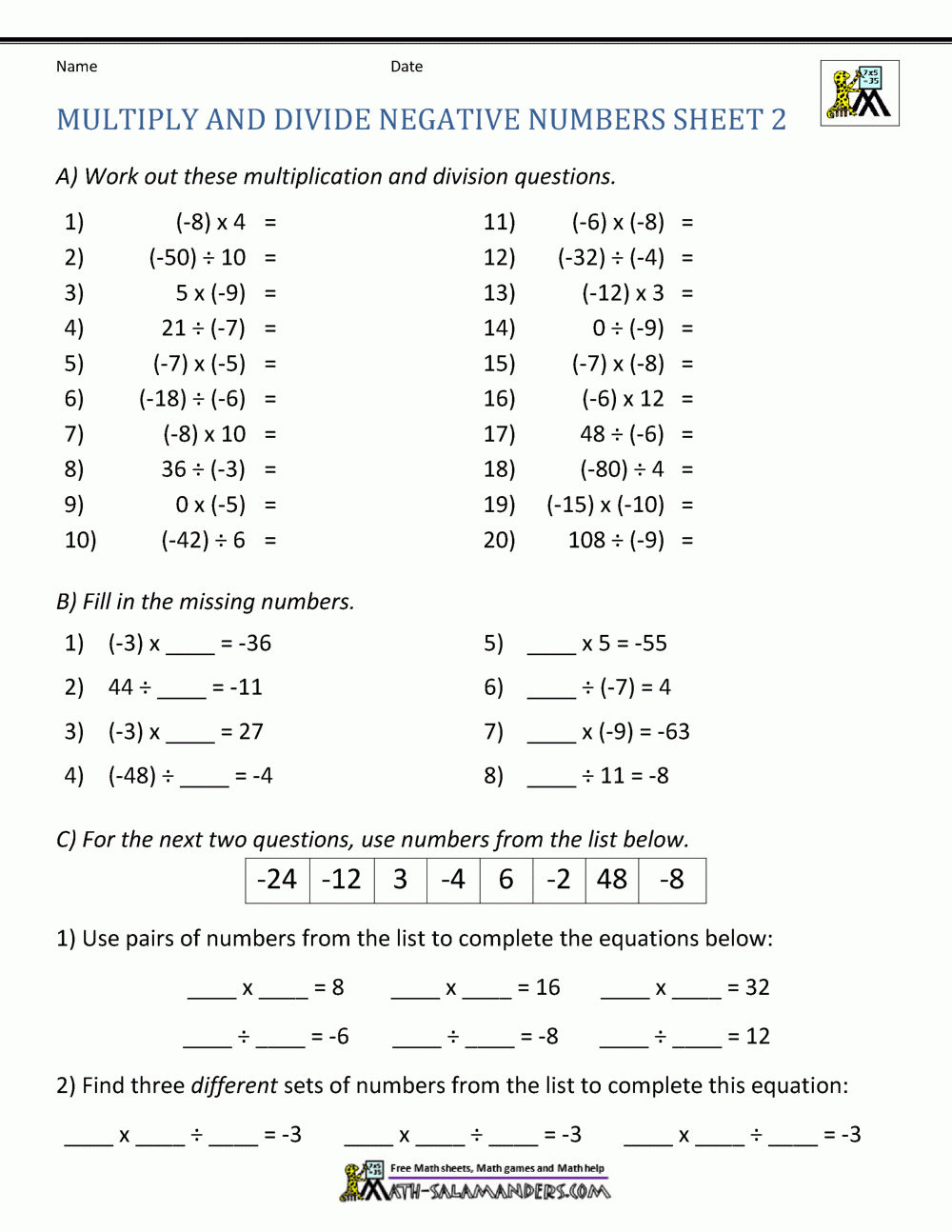 Multiply And Divide Negative Numbers pertaining to Multiplication and Division of Negative Numbers Worksheet