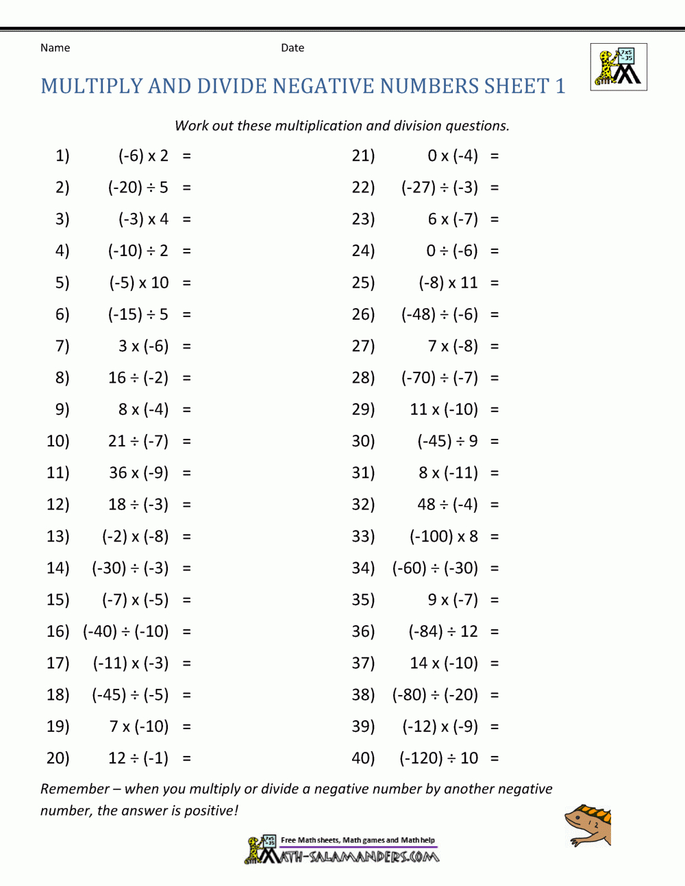 Multiply And Divide Negative Numbers pertaining to Positive and Negative Integer Multiplication and Division Worksheet