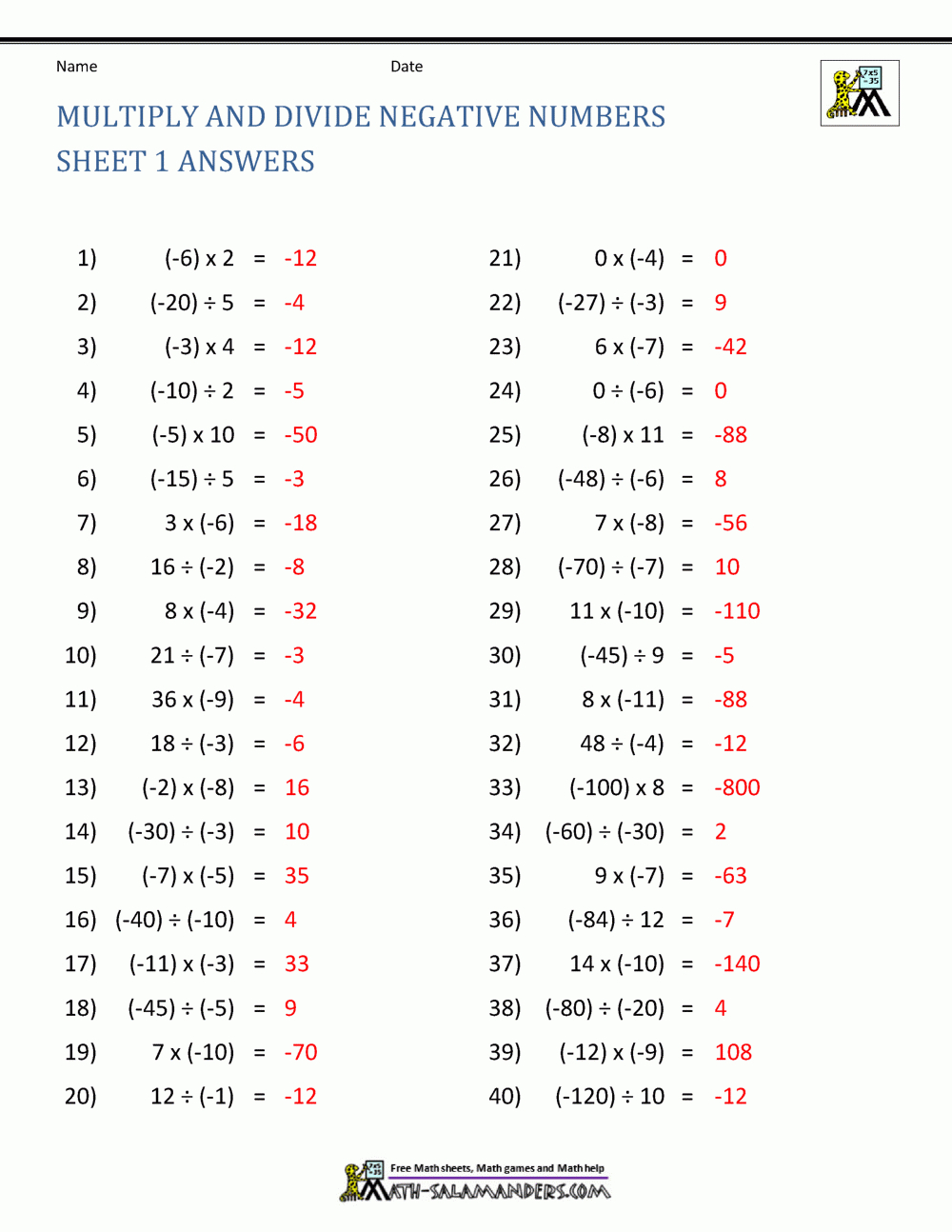 Multiply And Divide Negative Numbers with regard to Addition Subtraction Multiplication Division Of Integers Worksheets