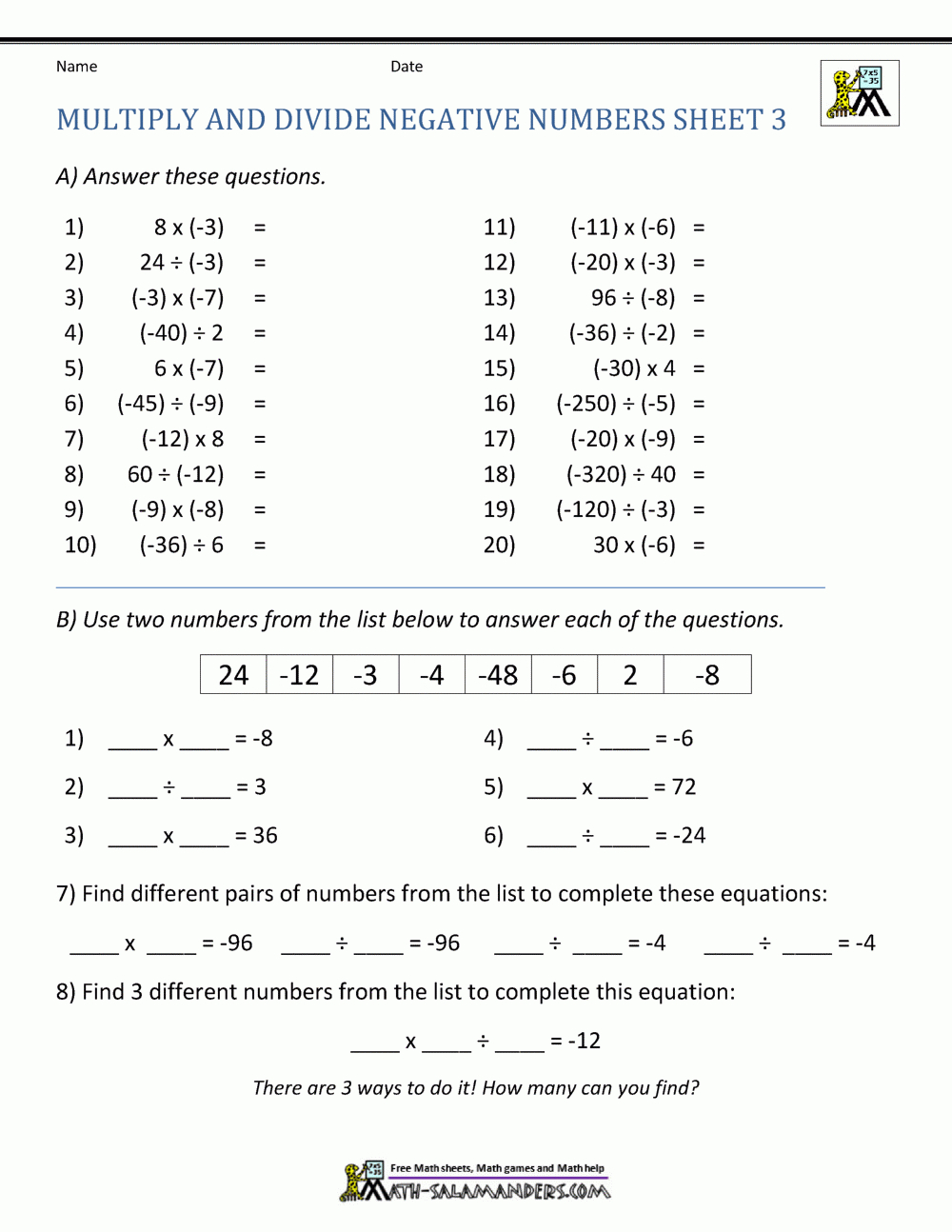 Multiply And Divide Negative Numbers within Integer Multiplication and Division Worksheet