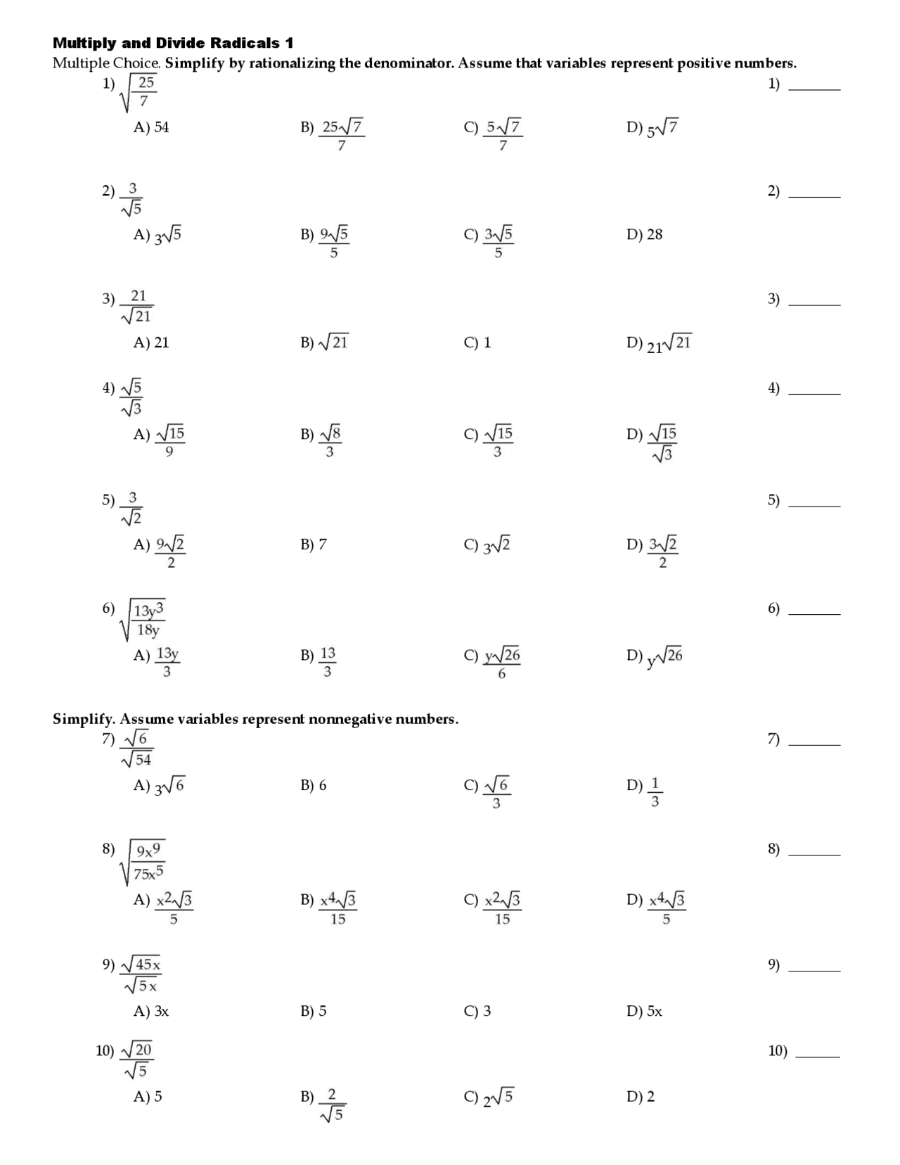 Multiply And Divide Radicals 1 Multiple Choice. Simplify in Multiplication And Division Of Radicals Worksheet
