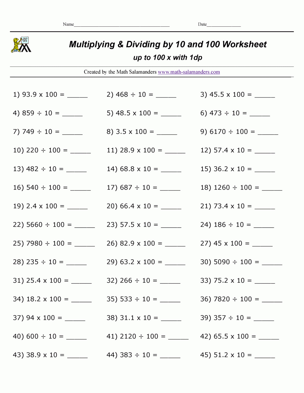 Multiply And Divide10 100 intended for Math Multiplication And Division Worksheets