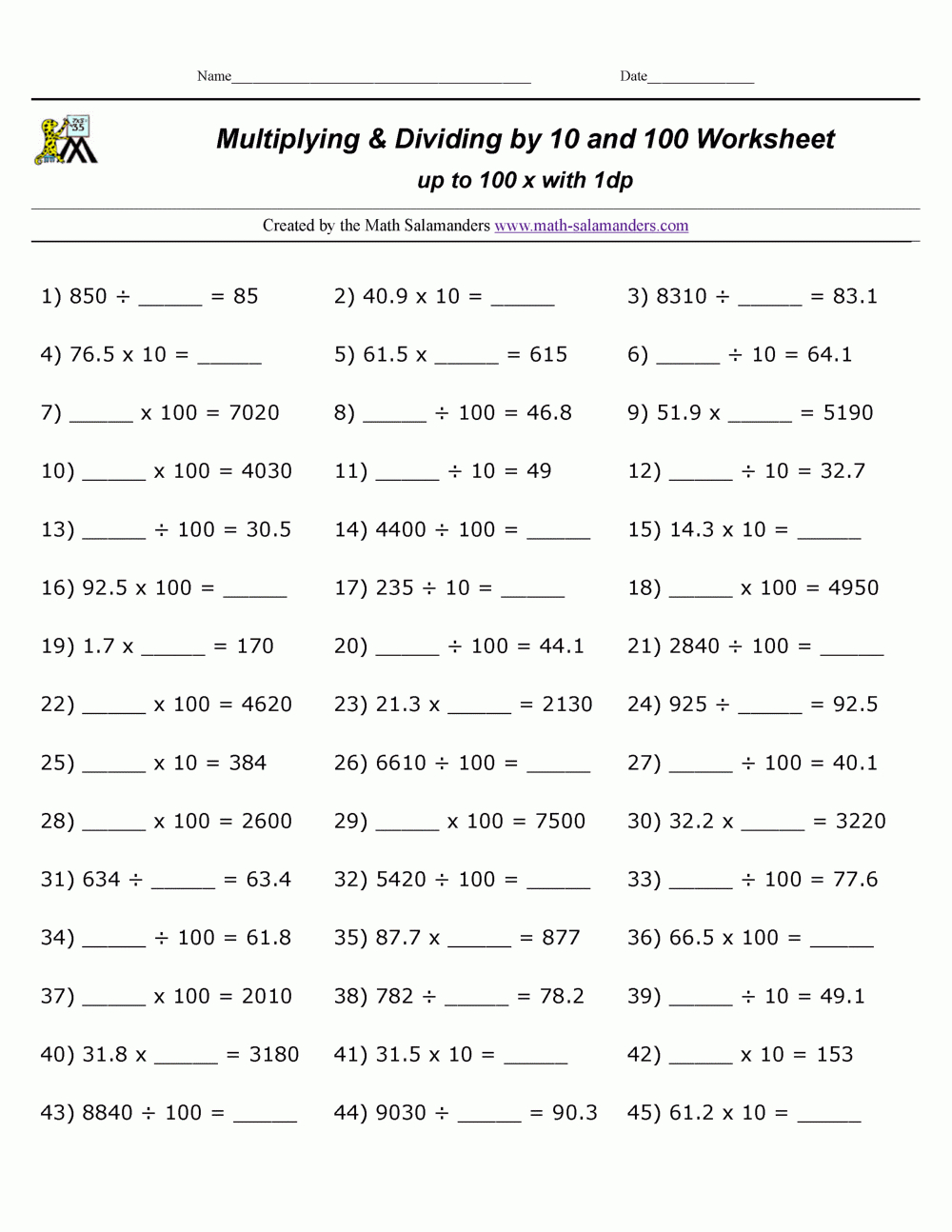 Multiply And Divide10 100 pertaining to Mixed Multiplication Division Worksheets