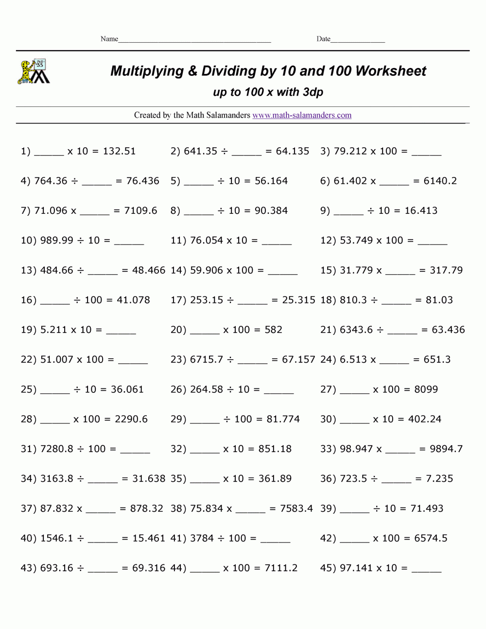 Multiply And Divide10 100 regarding Division and Multiplication of Decimals Worksheets
