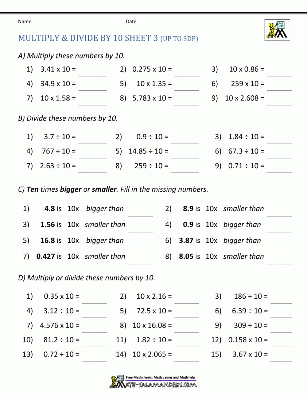 Multiply And Divide10 100 with Multiplication And Division Worksheets Grade 5