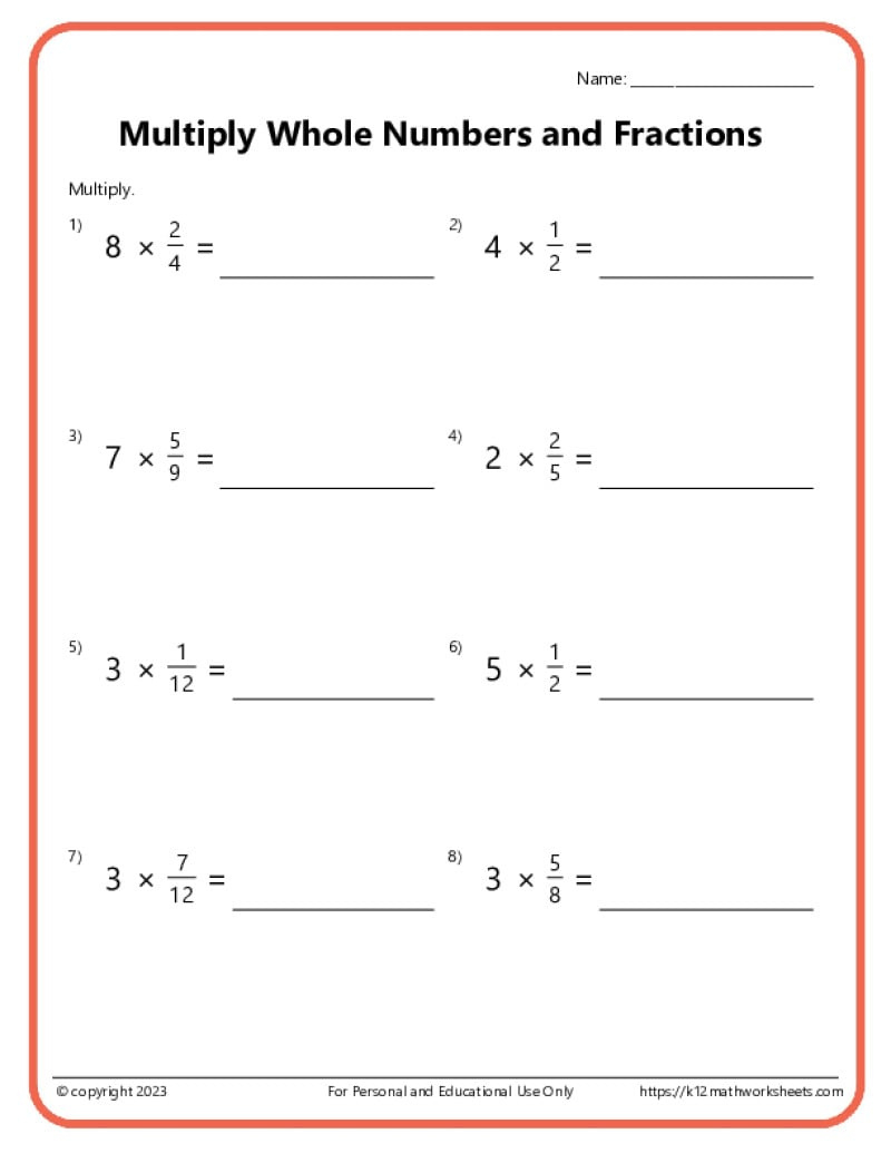 Multiply Fractions With Whole Numbers for Multiplication Of Fractions By Whole Numbers Worksheets