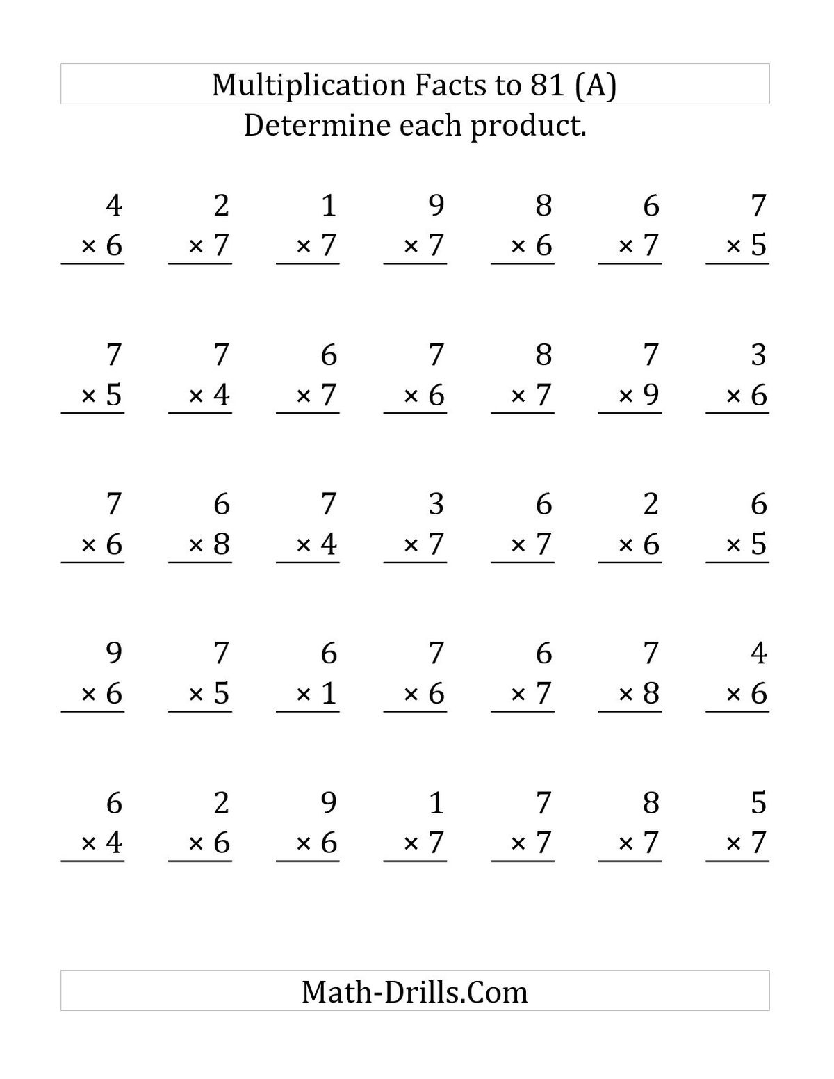 Multiplying (1 To 9)6 And 7 (36 Questions) (A) intended for Multiplication Worksheets by 6