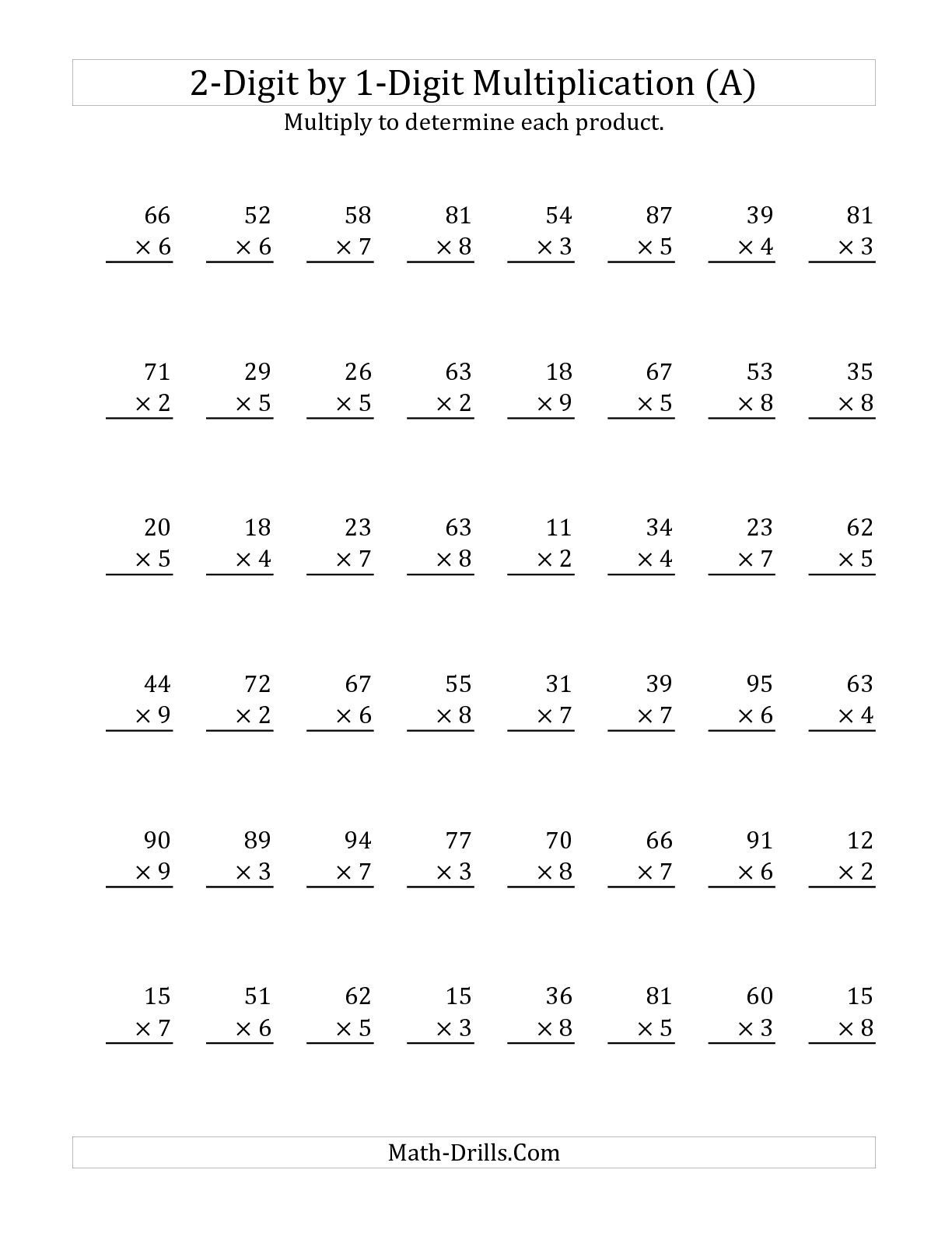 Multiplying 2-Digit1-Digit Numbers (A) inside Two Digit By One Digit Multiplication Worksheet
