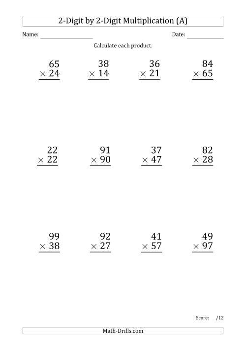 Multiplying 2-Digit2-Digit Numbers (Large Print) With Period pertaining to Math Drills Com Multiplication Worksheets