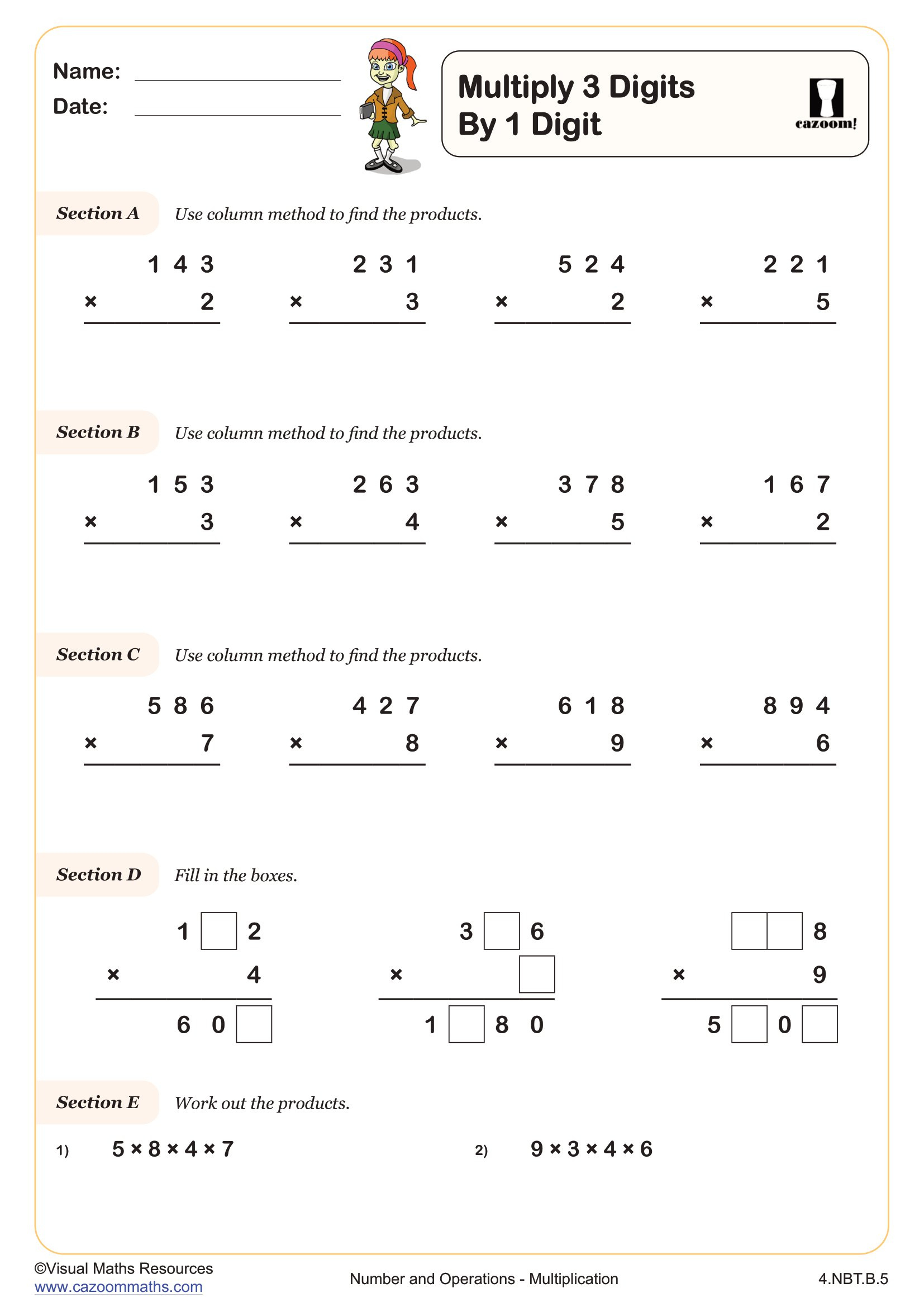 Multiplying 3 Digits1 Digit Worksheet | Printable Pdf 4Th with regard to 3 By 1 Digit Multiplication Worksheets