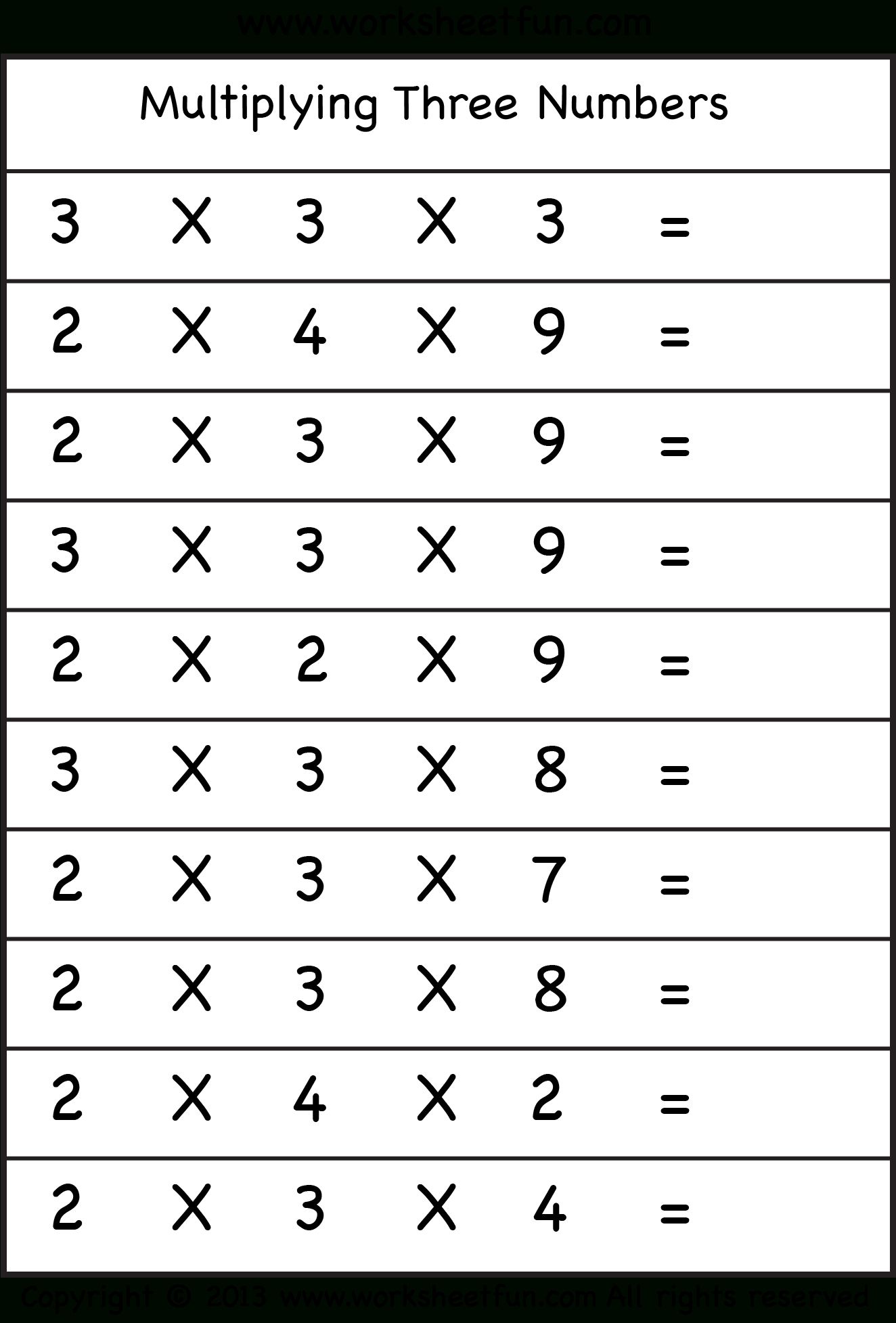 Multiplying 3 Numbers – Three Worksheets / Free Printable throughout Multiplication Three Digit By One Digit Worksheet
