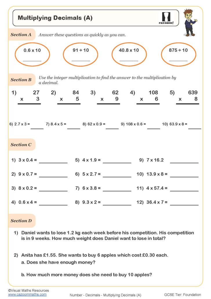 Division and Multiplication of Decimals Worksheets